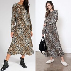 Ragdoll Leopard Animal Print Long Sleeve Midi Dress Safari Hipster Boho Western